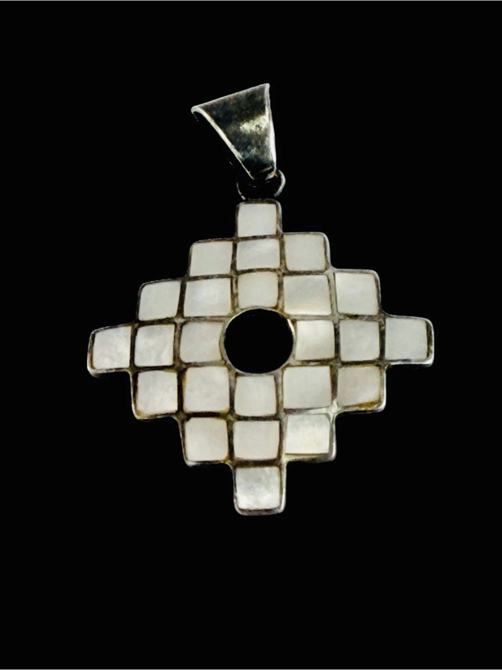 Vintage Peruvian Sterling Silver 950 Pendant Chakana Incan Cross Mother Of Pearl